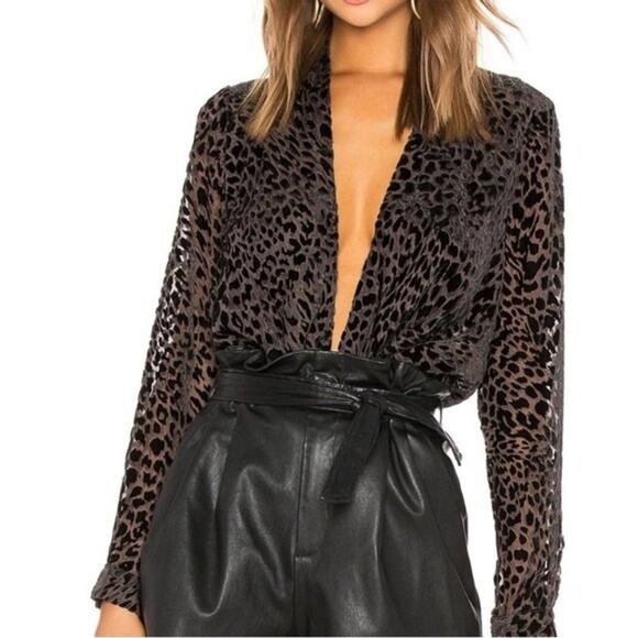 NWT L'Agence Lydia Leopard Drape Front Burnout Velvet Blouse Espresso Size XS - Picture 1 of 11